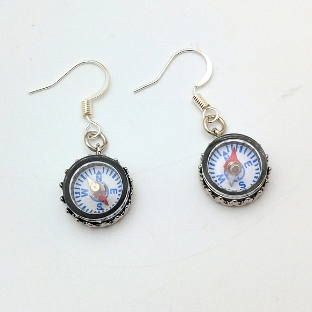 Silver Compass Charm Earrings
